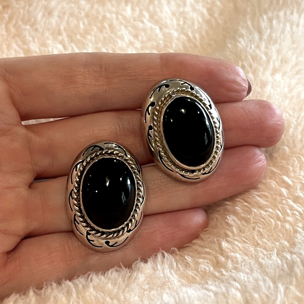 Vintage Edwardian Style Taxco Mexican Sterling and Black Stone Earrings